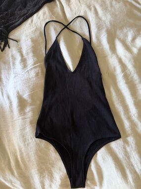 Reformation Black Ribbed V-Neck Bodysuit